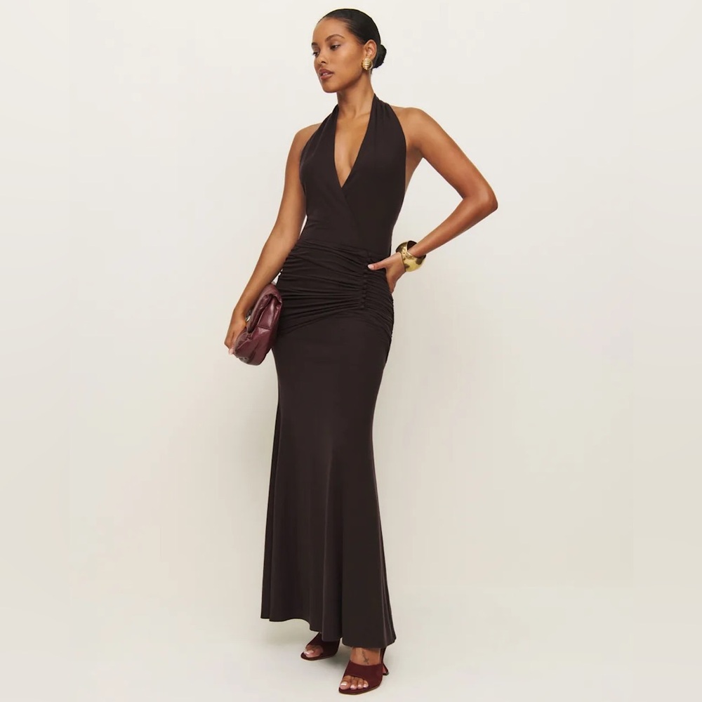 Reformation Black Halter Ruched Maxi Dress